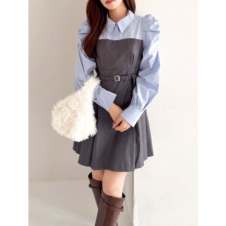 チャコールグレー | 【追加生産分】長袖レイヤードシャツミニワンピース | dazzlin