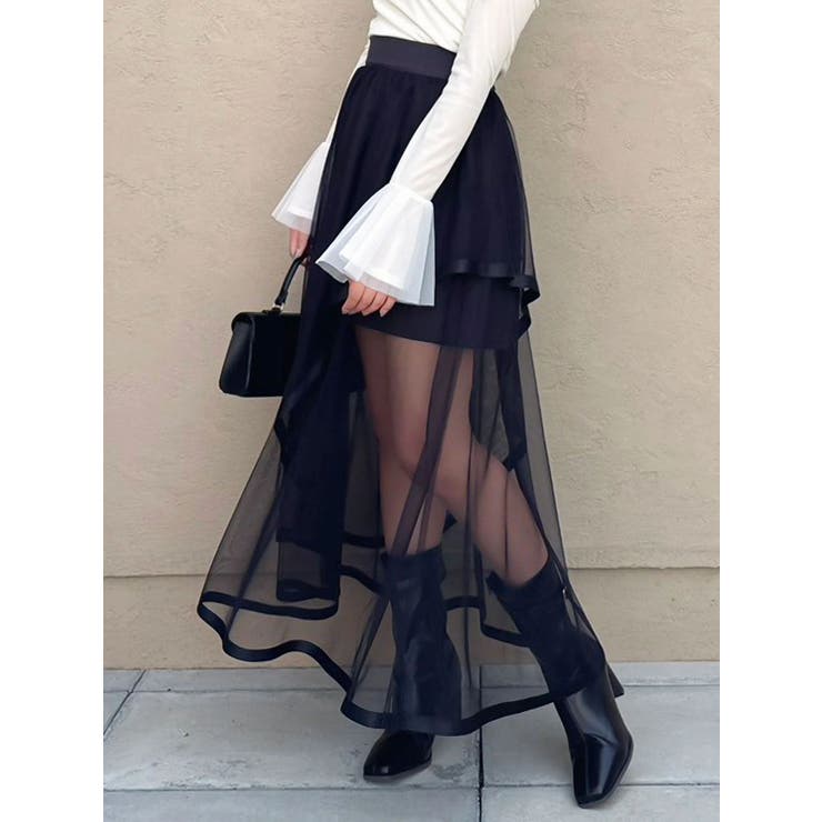 ブラック | サテンパイピングシアーアシメティアードチュールスカート | dazzlin
