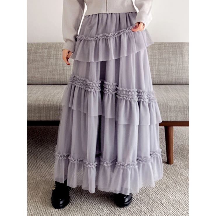 グレー | 【WEB限定】チュールフリルティアードスカート | dazzlin