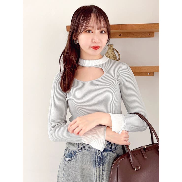 グレー | ビッグリボンシアーカフスニットトップス | dazzlin