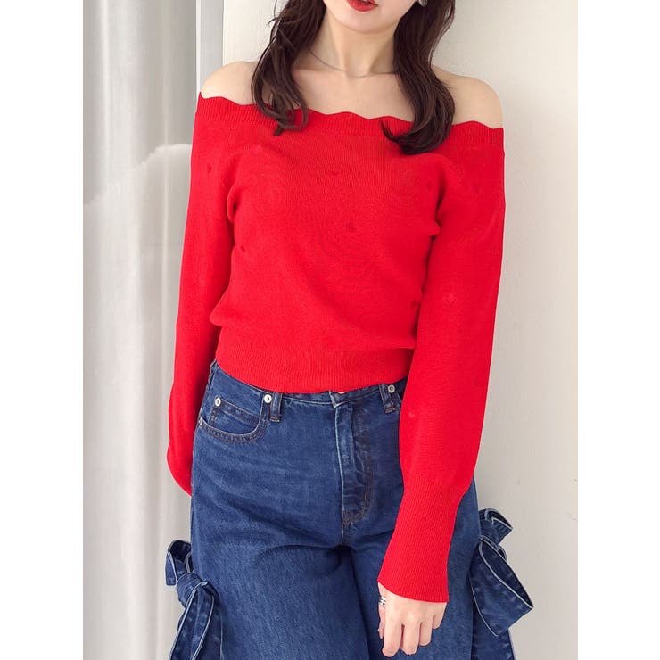 レッド | オフショルスカラップハートニット | dazzlin