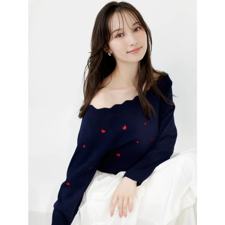 ネイビー | オフショルスカラップハートニット | dazzlin