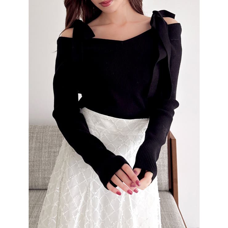 ブラック | 【WEB限定】ショルダーリボンニットトップス | dazzlin