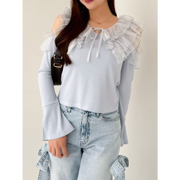 ブルー | シアーラッフルカットトップス | dazzlin