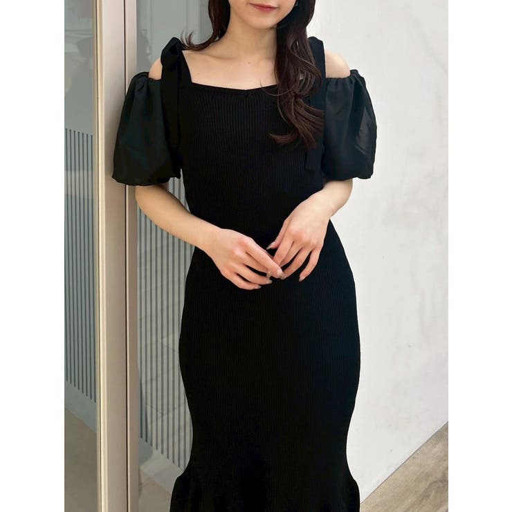 ブラック | 【WEB限定】シフォンスリーブリブニットワンピース | dazzlin