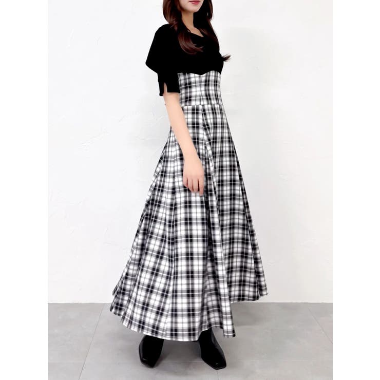 ブラック | ビッグカラーチェックコルセットワンピース | dazzlin