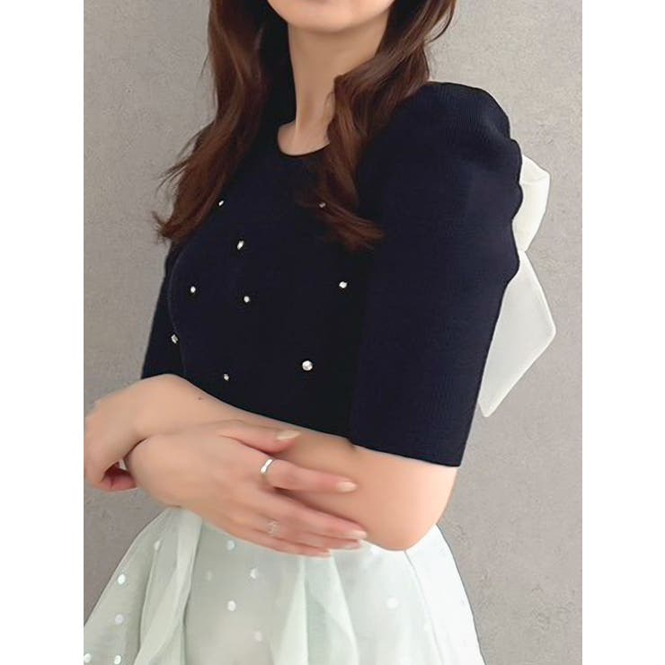 ブラック | バックリボンビジューニットトップス | dazzlin