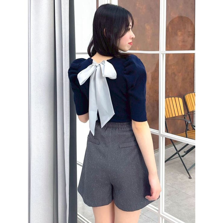 ネイビー | バックリボンビジューニットトップス | dazzlin