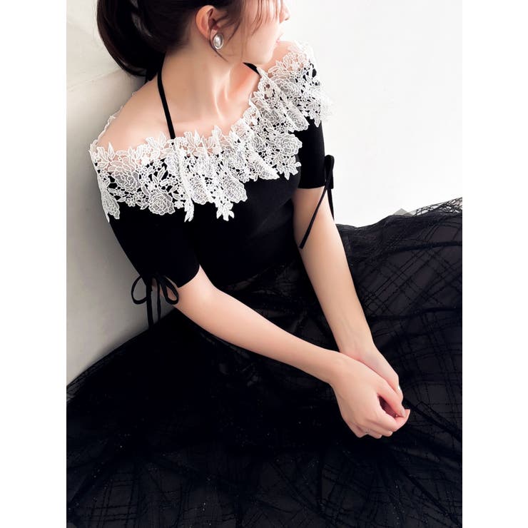 ブラック | レースオフショルニットトップス | dazzlin