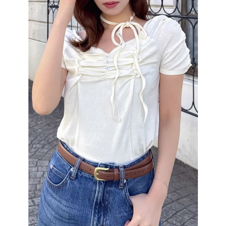 イエロー | タイ付ギャザーカットトップス | dazzlin