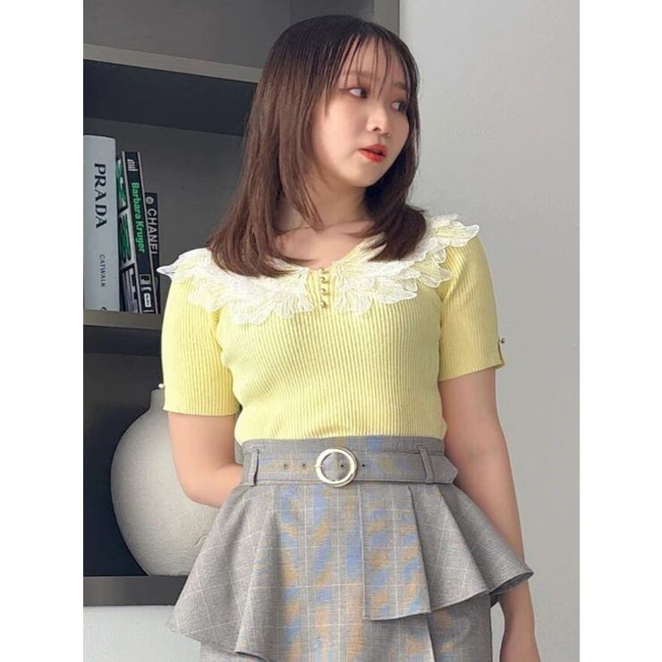 イエロー | オーバーラップレースニットトップス | dazzlin