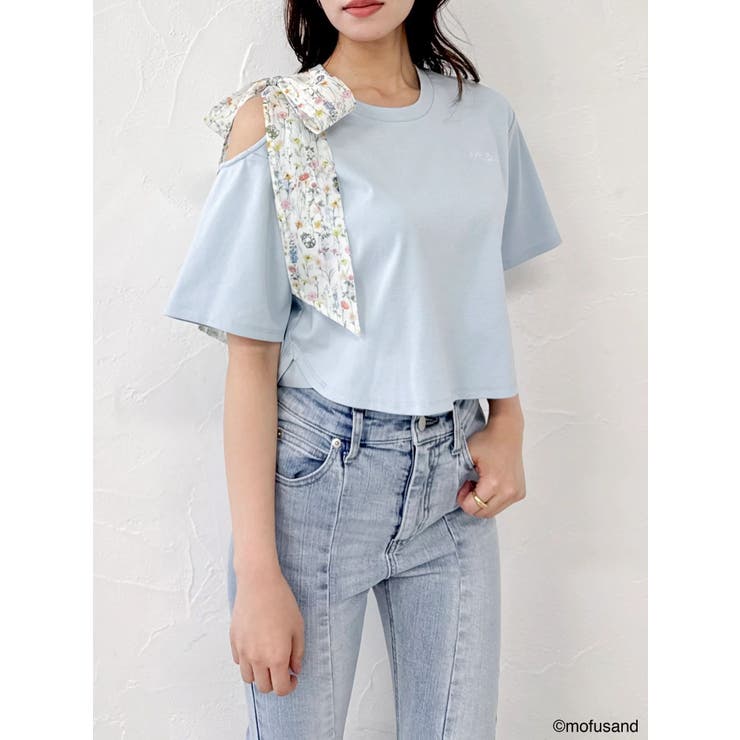 ブルー | 【mofusandコラボ】リボンショルダーロゴTシャツ | dazzlin