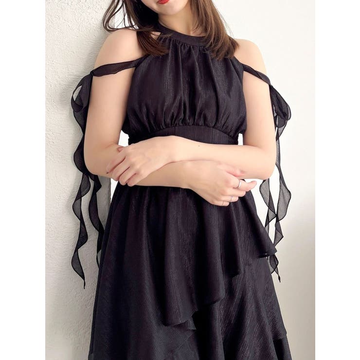 アシメフリルリボンシフォンワンピース[品番：MKSW0071537]｜dazzlin