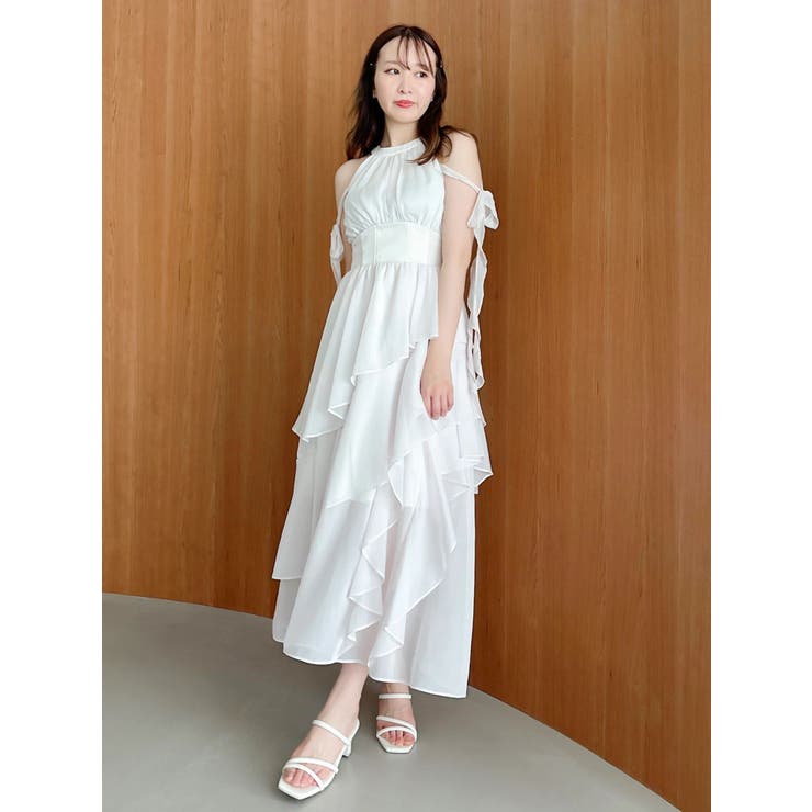 アシメフリルリボンシフォンワンピース[品番：MKSW0071537]｜dazzlin