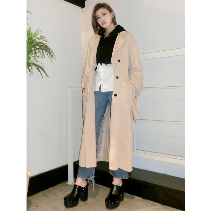 美品☆モガ　トレンチコート　ロング丈　ウエストベルト　近年モデル　ブラック 美品☆モガ トレンチコート ロング丈 ウエストベルト 近年モデル