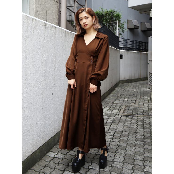 カシュクールオープンカラーシャツワンピース[品番：MKSW0025699