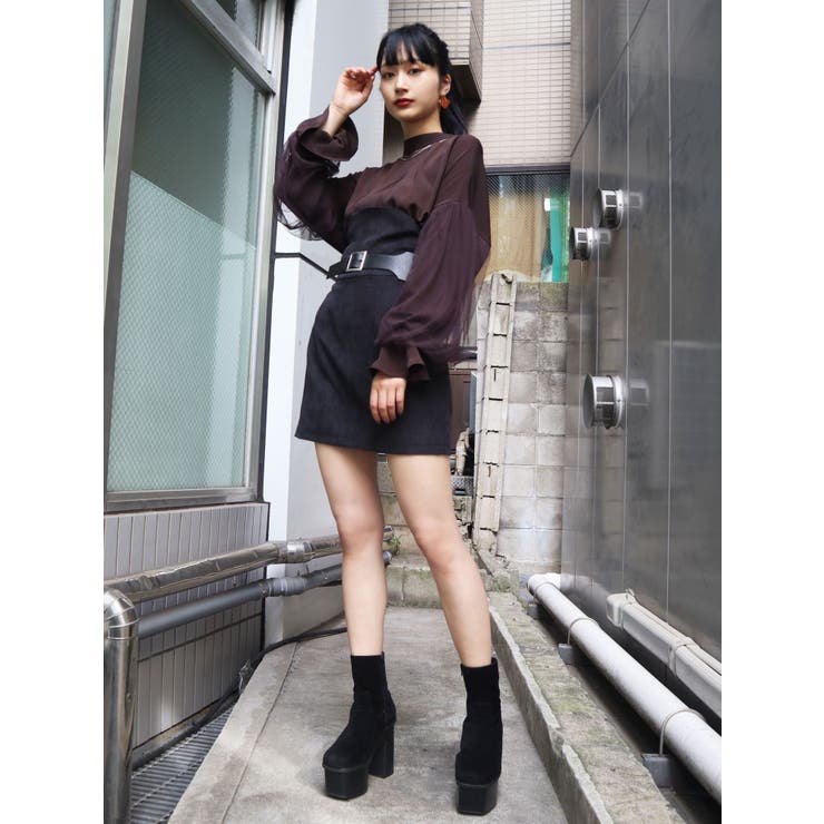 OMMOボリュームスリーブ テントライントップス ネイビー CORNERS by yui カラーボーダーボリュームスリーブトップス[品番
