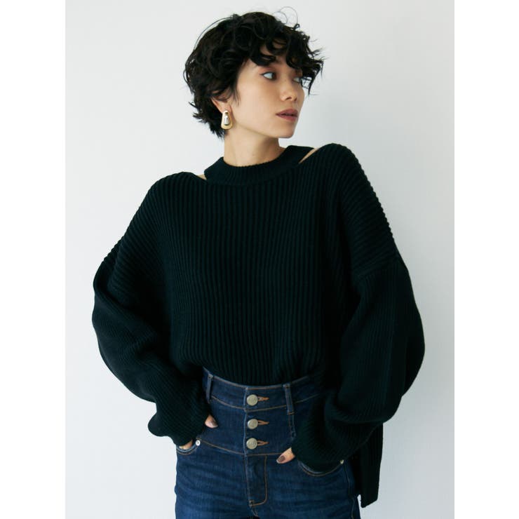 ブラック | サイドネックスリットニット | EMODA