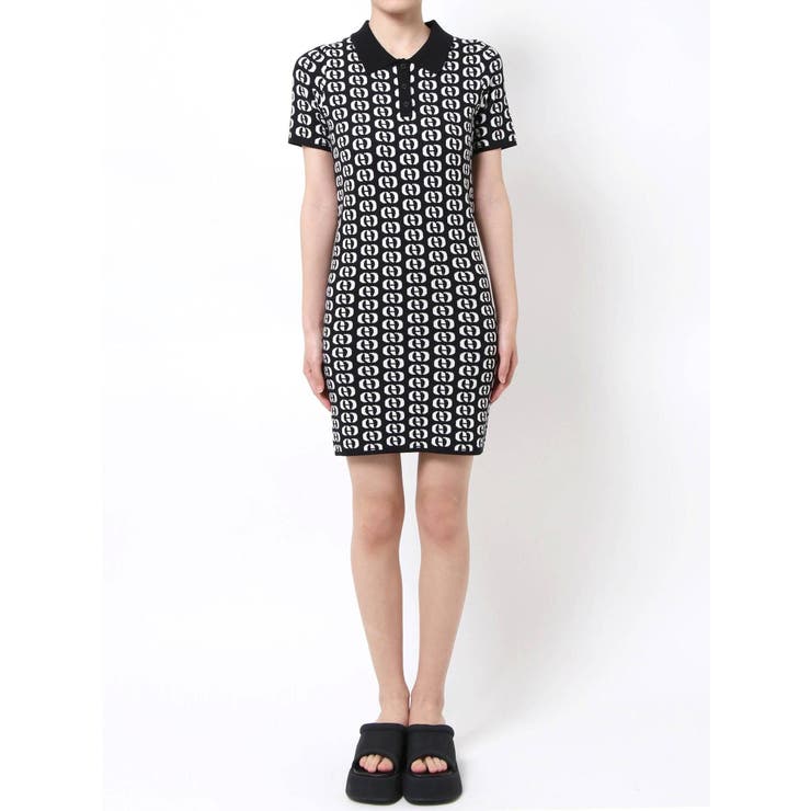 【ブラック】ロゴモノグラム柄 半袖 ポロワンピース (WOMENS) モノグラムポロワンピース[品番：MKSW0044285]｜EMODA（エモダ