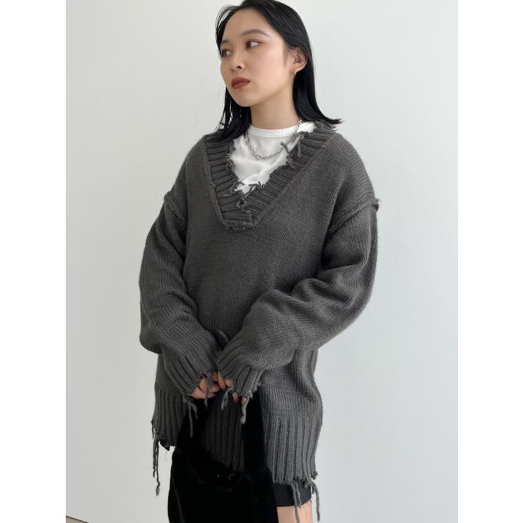 オーバーVネッククラッシュニット[品番：MKSW0047230]｜EMODA（エモダ