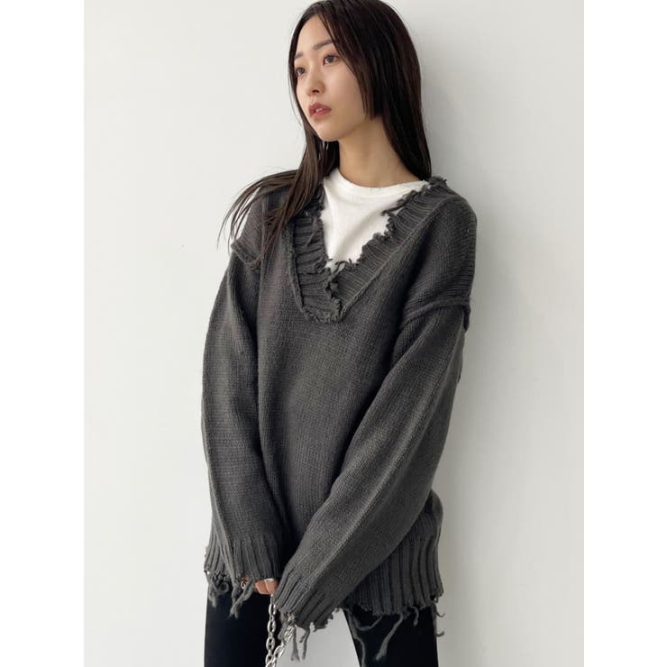 オーバーVネッククラッシュニット[品番：MKSW0047230]｜EMODA（エモダ