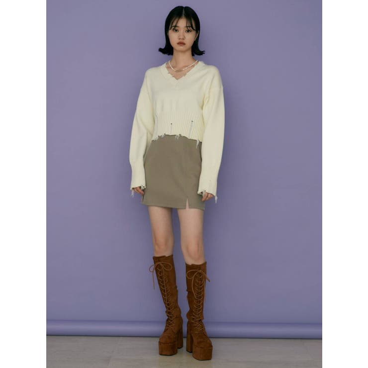 EMODA HEM CRASH V NECK KNIT（グリーン） -ファッション通販