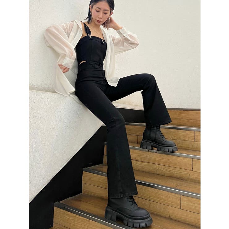 ブラック | デニムフレアサロペット | EMODA