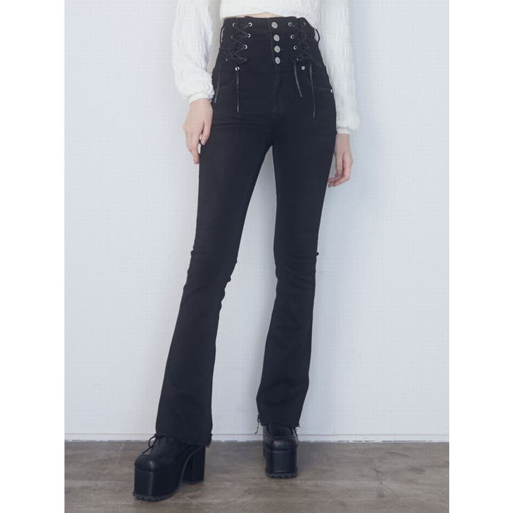 ブラック | Wレースアップハイウエストフレアパギンス | EMODA