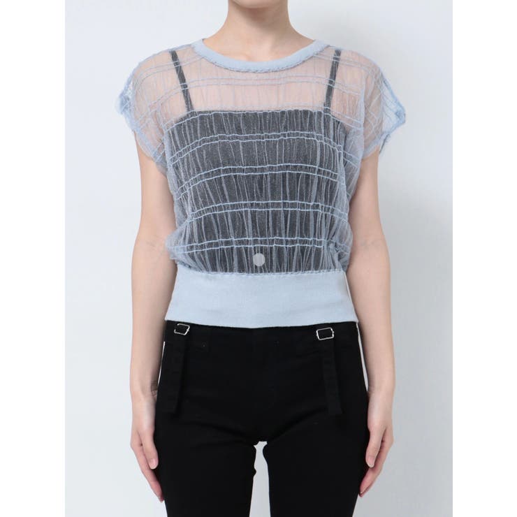 ブルー | シアーチュールニットタンクトップ | EMODA