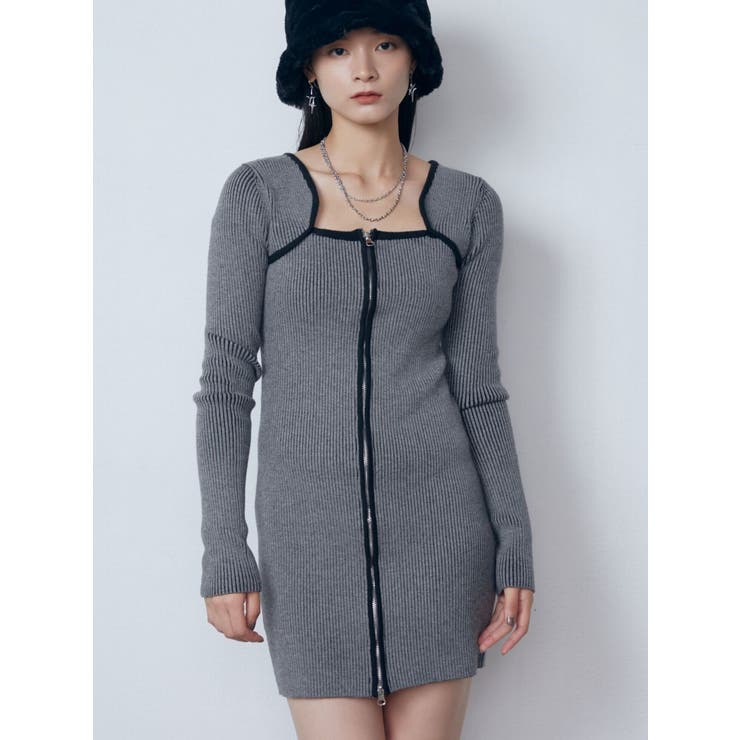 グレー | プレーティングリブジップワンピース | EMODA
