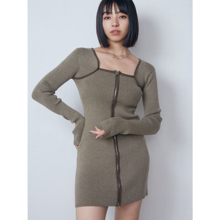 ベージュ | プレーティングリブジップワンピース | EMODA
