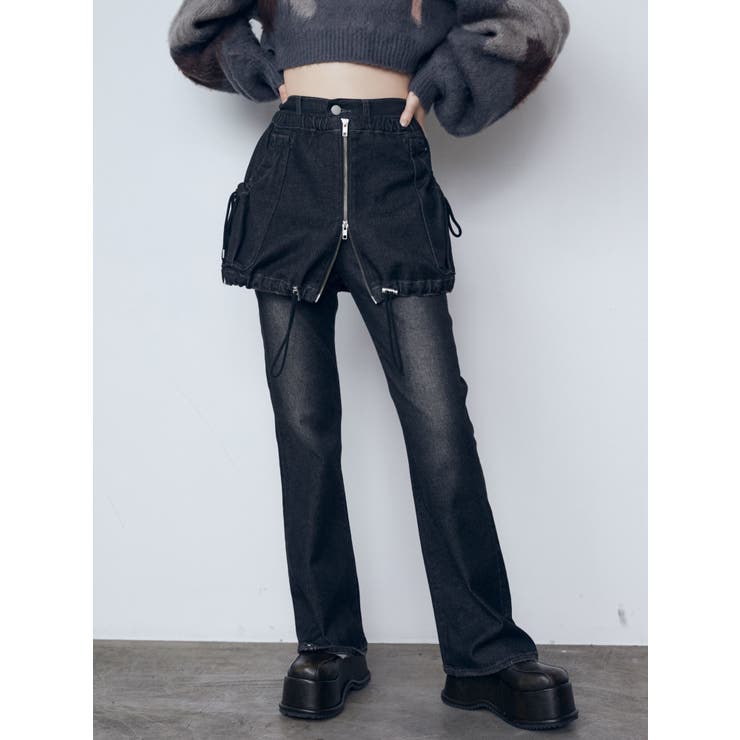 ブラック | レイヤージャストウエストフレアージーンズ | EMODA