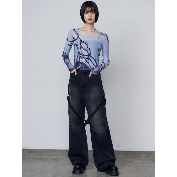 ⭐︎美品⭐︎【ESCADA】ブラックラベル デニムセットアップ シャドーロゴ シアーチョーカーネックトップ[品番：MKSW0062623]｜EMODA