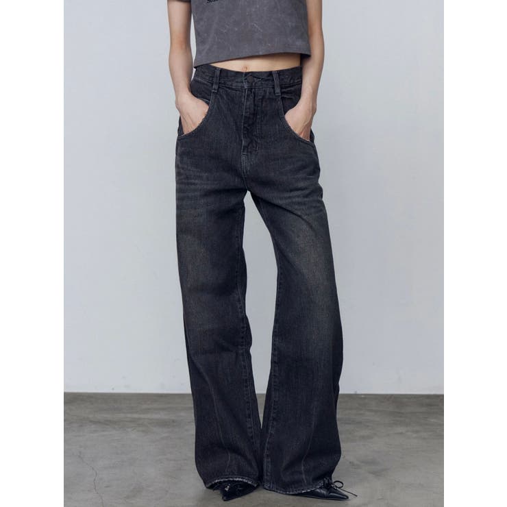 ブラック | ルーズワイドハイウエストジーンズ | EMODA