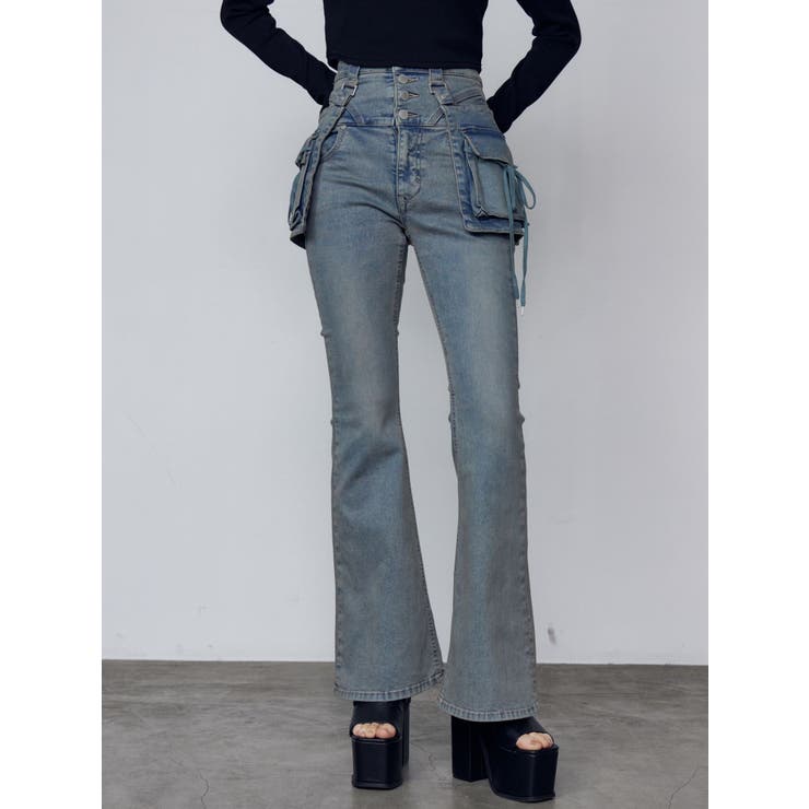 アイスブルー | ハングリボンフレアハイウエストパギンス | EMODA