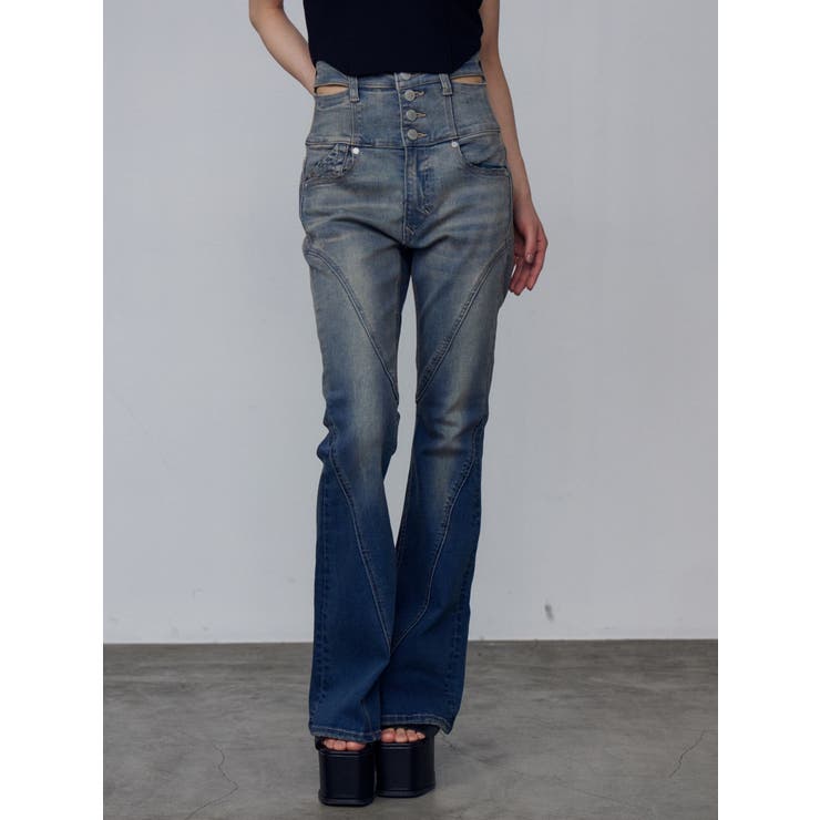 ブルー | カットアウトハイウエストフレアパギンス | EMODA