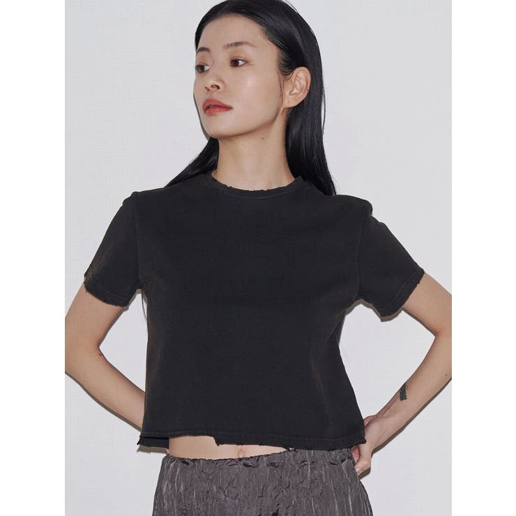 ブラック | 【VEQUM】DAMAGE CROPPED T SHIRT | EMODA