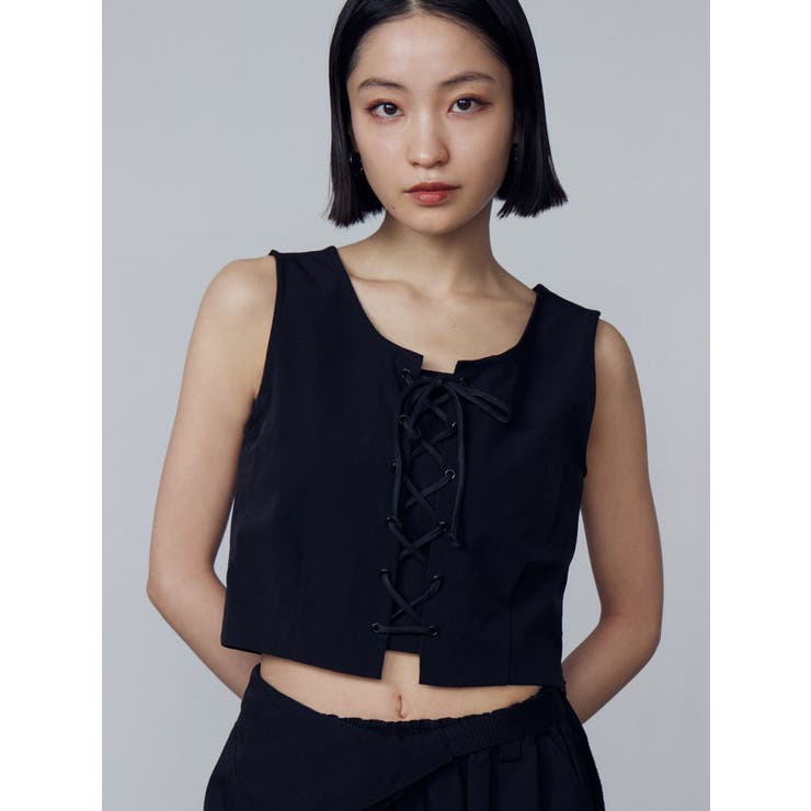 ブラック | レースアップナイロントップス | EMODA