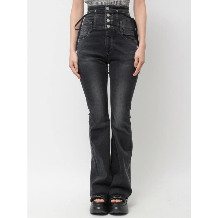 ブラック | サイドオープンハイウエストフレアパギンス | EMODA