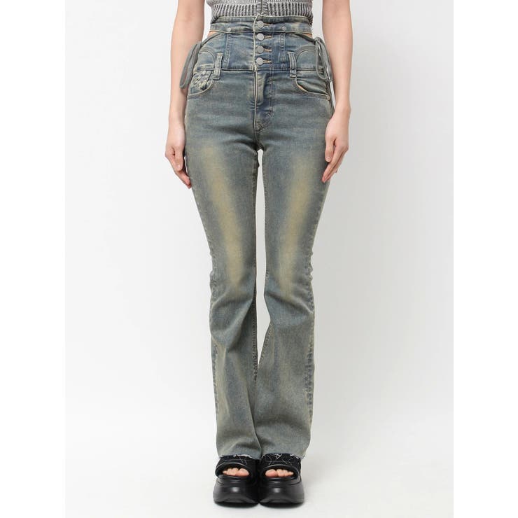 アイスブルー | サイドオープンハイウエストフレアパギンス | EMODA