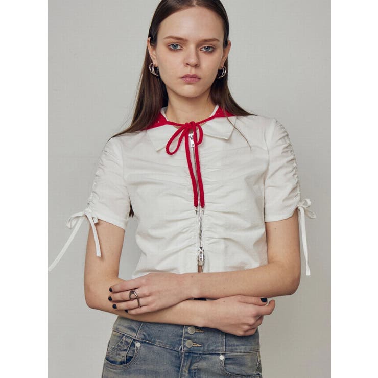 ホワイト | ギャザージップシャツトップ | EMODA