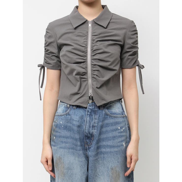 グレー | ギャザージップシャツトップ | EMODA