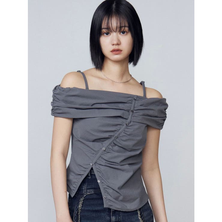 夏のお出かけにぴったり❤️オフショルダー 首元に光るアクセがポイント❤️ Amazon | [ShuMing]シャツ 長袖 レディース オフショルダー
