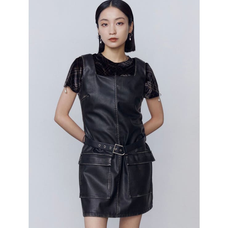 ブラック | アウトポケットフェイクレザーワンピース | EMODA