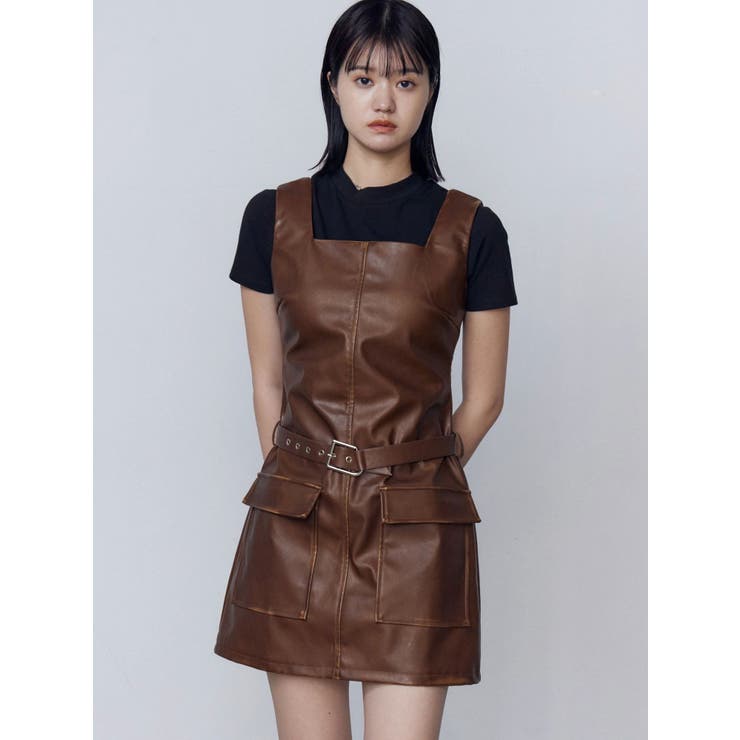 ブラウン | アウトポケットフェイクレザーワンピース | EMODA