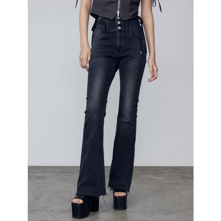 ブラック | サイドオープンハイウエストフレアパギンス | EMODA