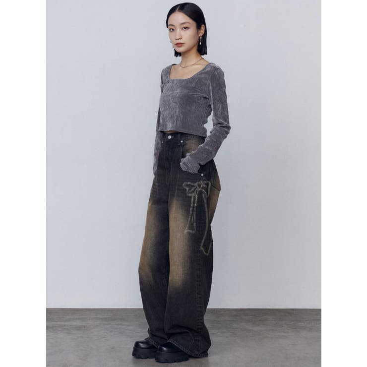 EMODA グラフィックルーズジーンズ　ブルー　Sサイズ ハイカットルーズワイドジーンズ[品番：MKSW0051251]｜EMODA