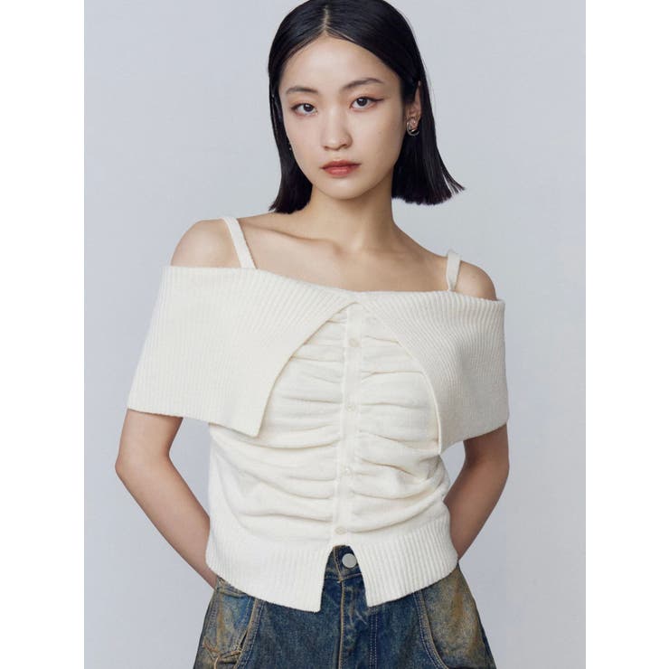 Enewd nina ストライプボタンオフショルダー ストライプ ボタン オフショルダー Tシャツ ベージュ ブラック