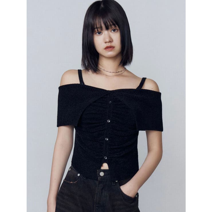 Enewd nina ストライプボタンオフショルダー ストライプ ボタン オフショルダー Tシャツ ベージュ ブラック