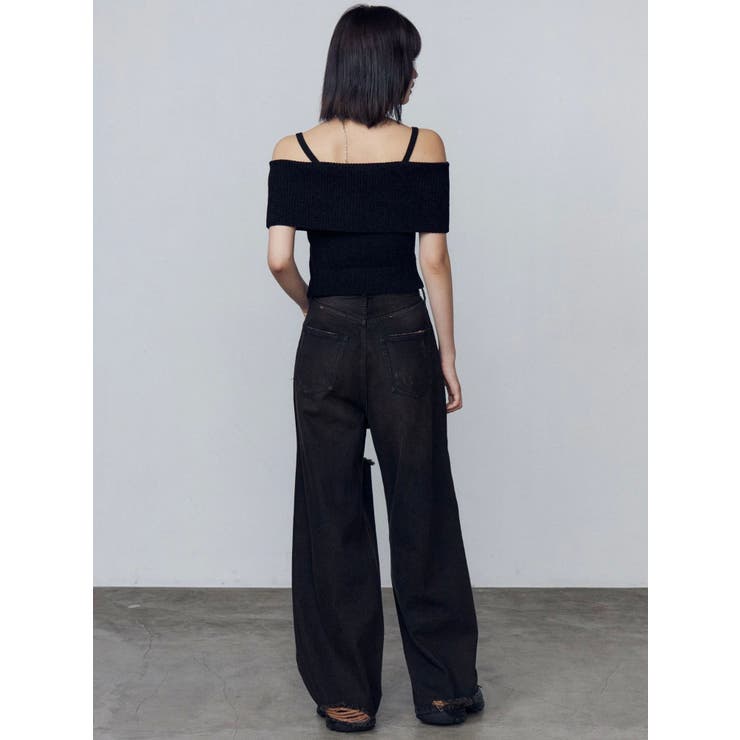 machatt オフショルダーリブニット　ブラック　black オフショルダートップス（ブラック） | MACHATT ONLINE STORE